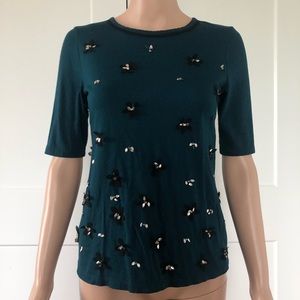 Ann Taylor Dark Jade Black Jewel 3/4 Sleeve Top XS